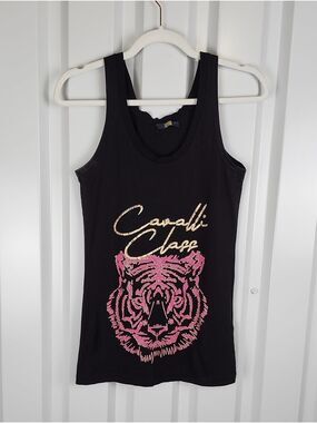 Cavalli Class Black Tank Top Pink Tiger Gold Logo Small Edgy Statement Casual